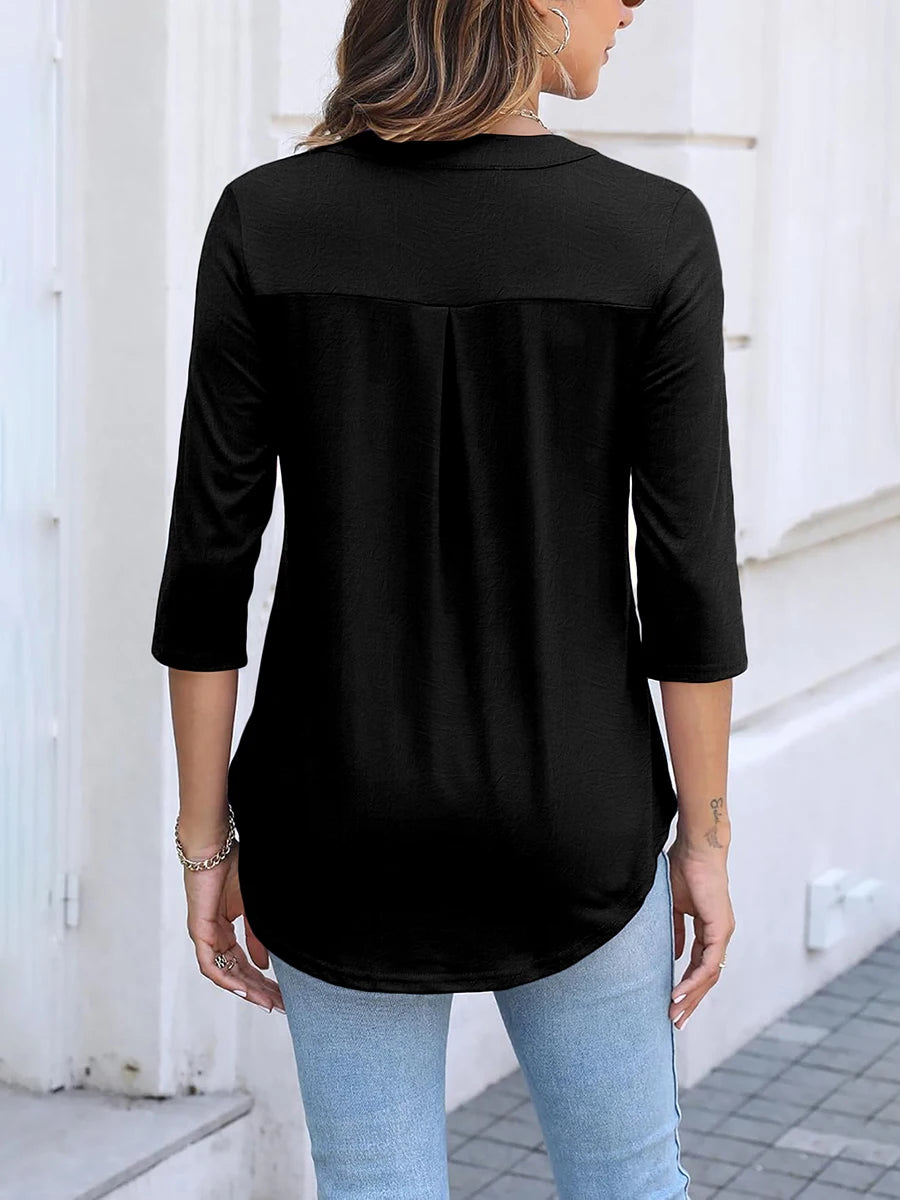 Dam Tunika Topp med Dragkedja V-ringning – 3/4-ärm Lös Ficka Elegant Kontor Casual, Svart 1XL–4XL