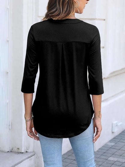 Dam Tunika Topp med Dragkedja V-ringning – 3/4-ärm Lös Ficka Elegant Kontor Casual, Svart 1XL–4XL