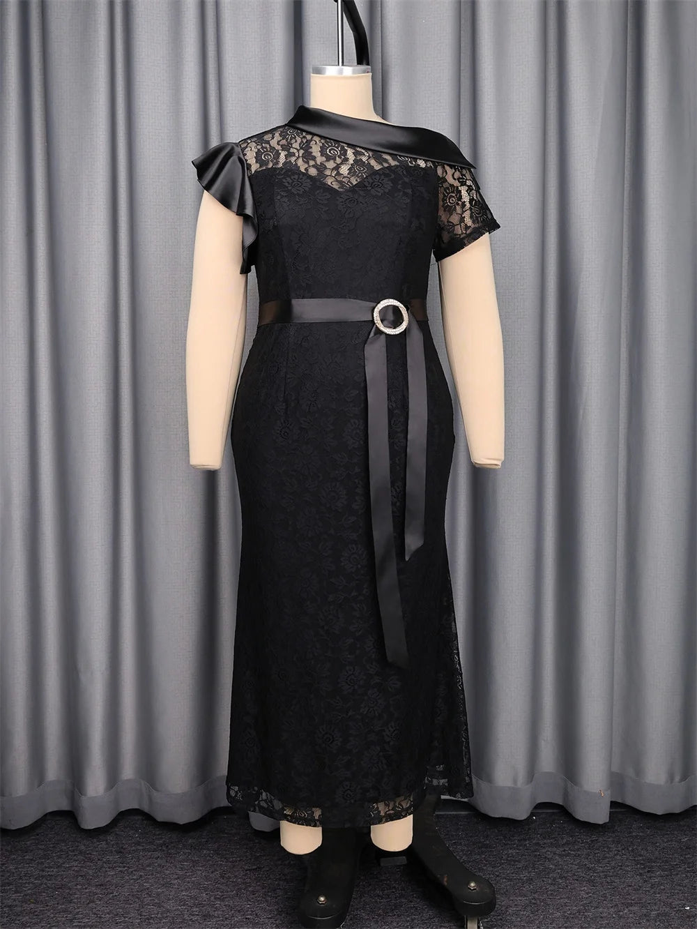 Slergiri Plus Size Black Lace Rhinestone Belt Mermaid Hem Dress Women Elegant Evening Party Gown Ladies Bodycon Long Dresses
