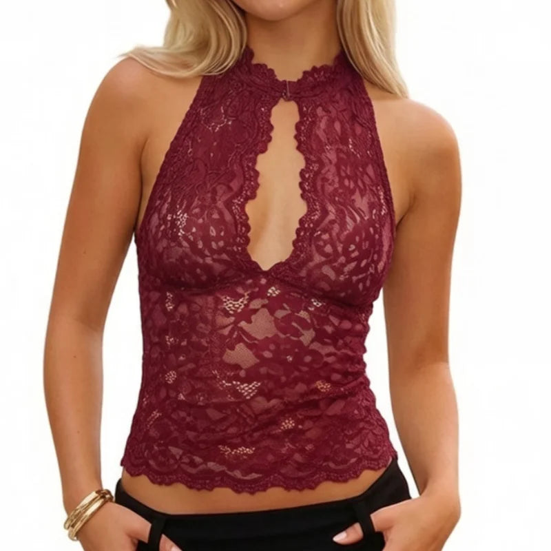 Dam Spetslinne Y2K – Sexy Lace Hollow Out Ärmlös Semi-genomskinlig Camisole, Vit & Svart