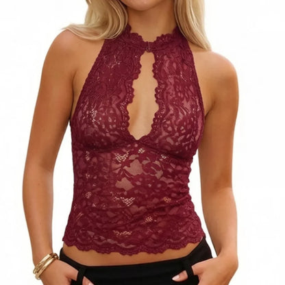 Dam Spetslinne Y2K – Sexy Lace Hollow Out Ärmlös Semi-genomskinlig Camisole, Vit & Svart