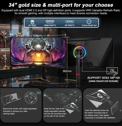 HGFRTEE B340Q Kurvig Gaming-skärm 34" WQHD – VA 3440x1440 165Hz 1500R 21:9 HDR 1ms Matt Yta HDMI
