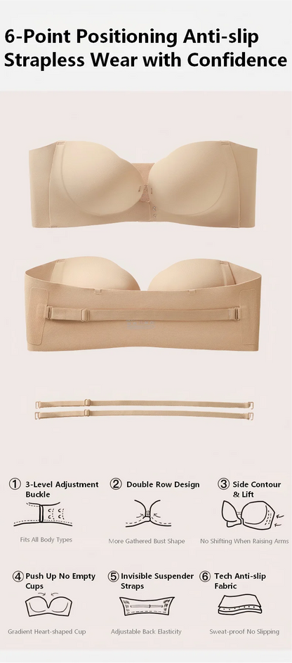 Wireless Strapless Bra Women Double Front Buckle 6Point AntiSlip 3Level 3D Molded Petal Deep V Seamless Multiway Pushup Bra 1PC