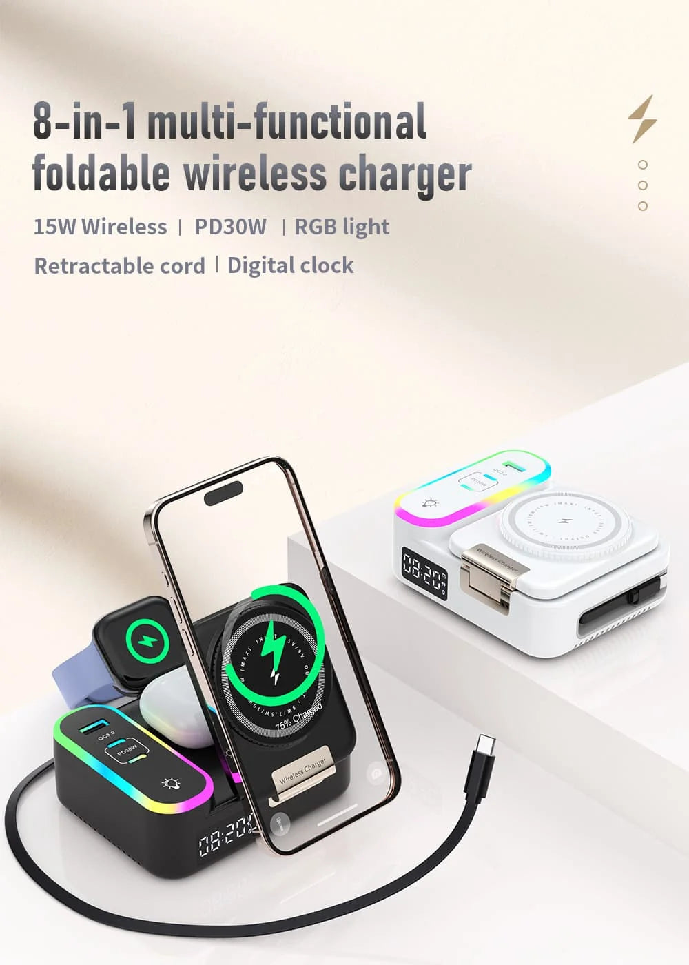 LYNXZ 8-i-1 Magnetisk Trådlös Laddstation 15W – RGB MagSafe PD30W USB-C iPhone AirPods Apple Watch Vit Svart