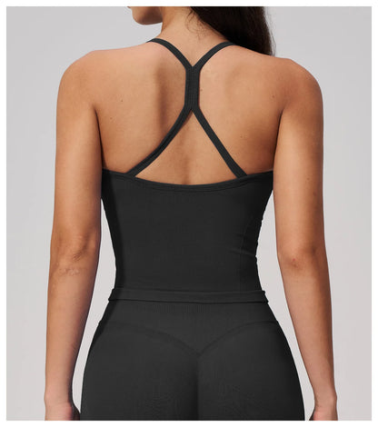 Summer New Yoga Vest Women Workout Crop Tops Cross Back Strap Fitness Bra Shockproof Sports Halter Workout Bra Push Up Yoga Vest