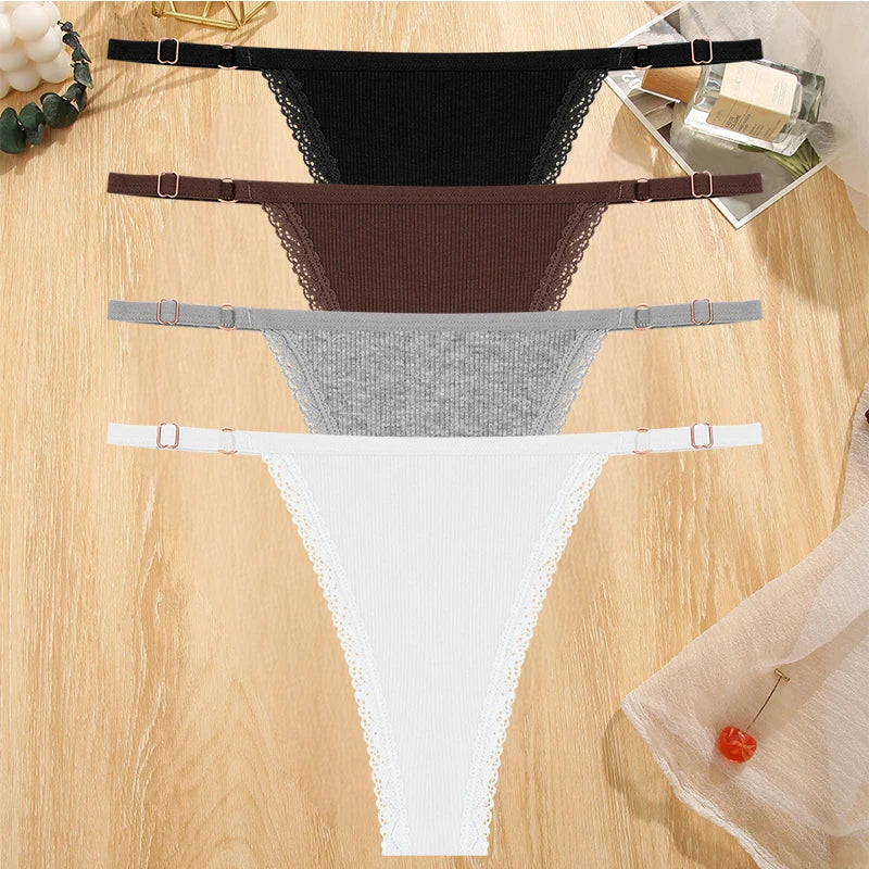 4Pc G-String Cotton Lace Women Thongs Lingerie Low Rise Panties Adjustable Waistband Straps Hipster Underwear For Girl Intimates