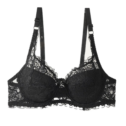 Sexy Push Up Lace Bras Women Thin Cotton Lined Underwire 38-44 C/D Cup Breathable Bralette Hollow Out Floral Underwear Plus Size