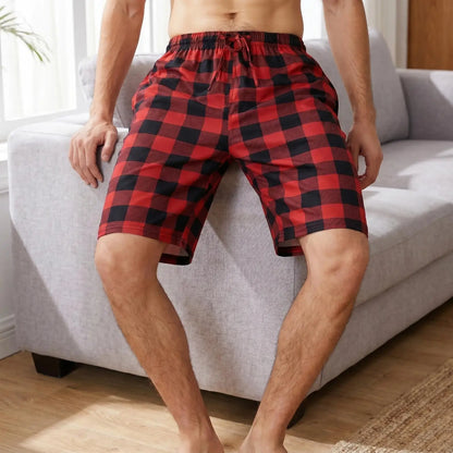 Herr Hemshorts Rutiga – Mjuka Lätta Casual Sovshorts, Grå & Röd M–1XL