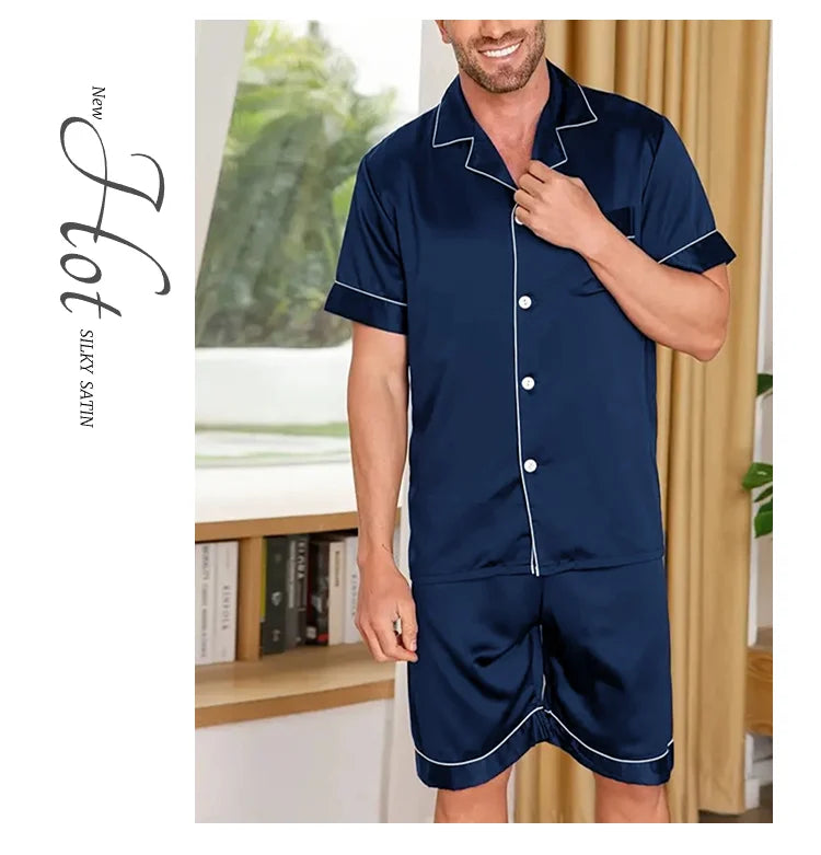 Pyjamasset herr med satinkänsla – kortärmad skjorta och shorts, S–XL