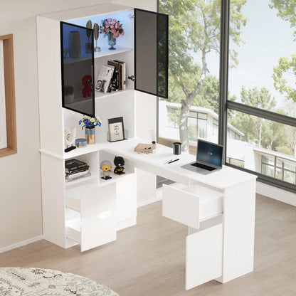 Corner Desk with Shelf and LED Display Cabinet, Desk with Cable Outlet, 3 Drawers, 2 Doors, Open Compartments, Built-in Bookcase