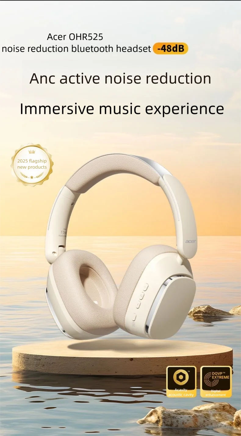 Acer OHR525 Bluetooth Headset ANC – Aktiv Brusreducering -48dB ENC 128h Batteritid 1000mAh USB-C Hopfällbar CE Beige Svart