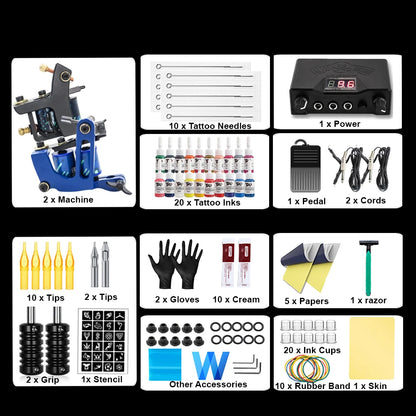 Complete Tattoo Machine Kit Power Supply with Tattoo Needles Ink Accessories Set for Tattoo Body Art Tool Permanent Makeup Kit