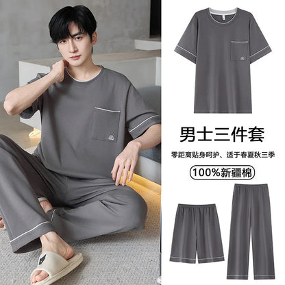 Short Sleeves & Shorts & Long Pant 3Pcs/set Cotton Nightwear for Men Summer Breathable Casual Sleepwear Male Loungewear Hombre