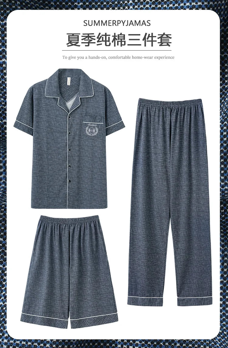 2023 New Cotton Sleepwear Men's 3 Pieces Set Homewear Plus Size 4XL Cardigan Nightwear Short Sleep Tops & Shorts & Long Pants