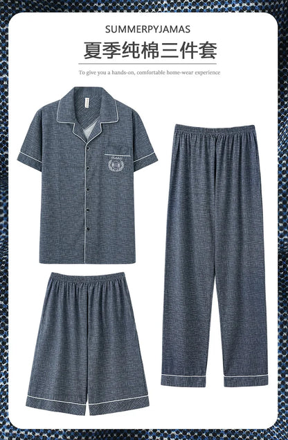 2023 New Cotton Sleepwear Men's 3 Pieces Set Homewear Plus Size 4XL Cardigan Nightwear Short Sleep Tops & Shorts & Long Pants
