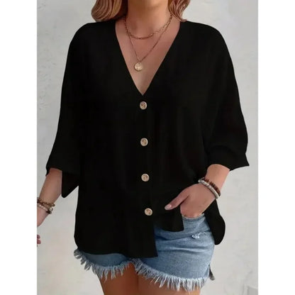 Plus-size Women's T-shirt Solid Color Breathable Spring/summer V-neck Button Travel Casual Wear with European and American Style