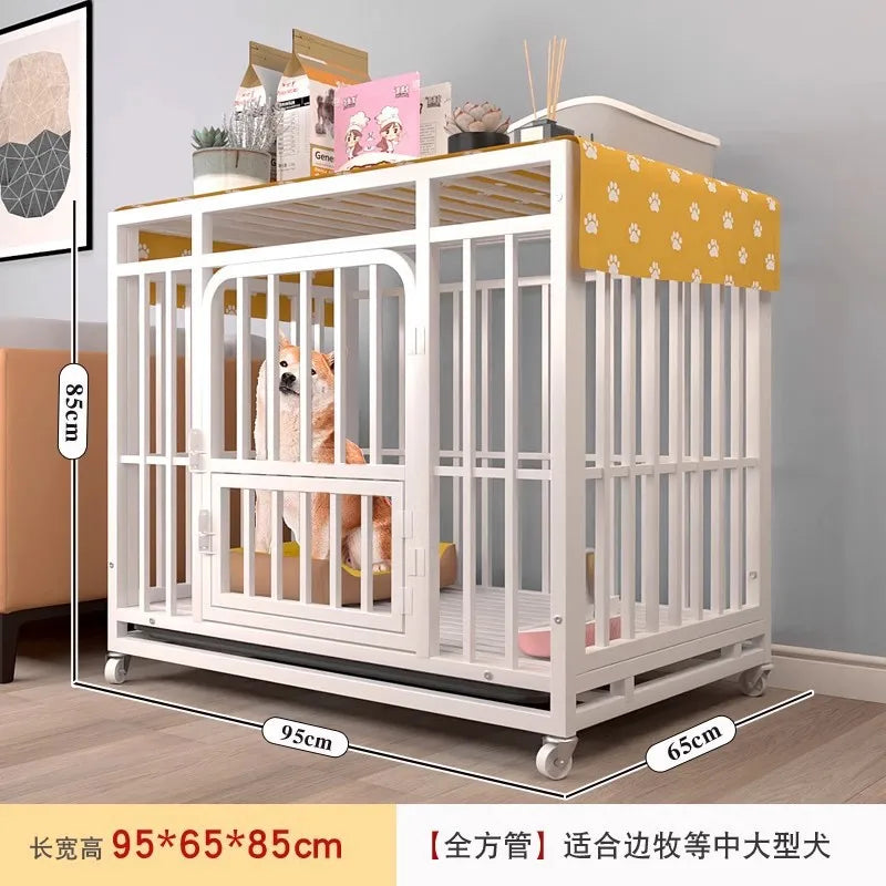Heavy Duty Square Tube Dog Cage for Medium Large Dogs Indoor Metal Kennel with Toilet Tray Foldable Iron Pet Crate Furniture
