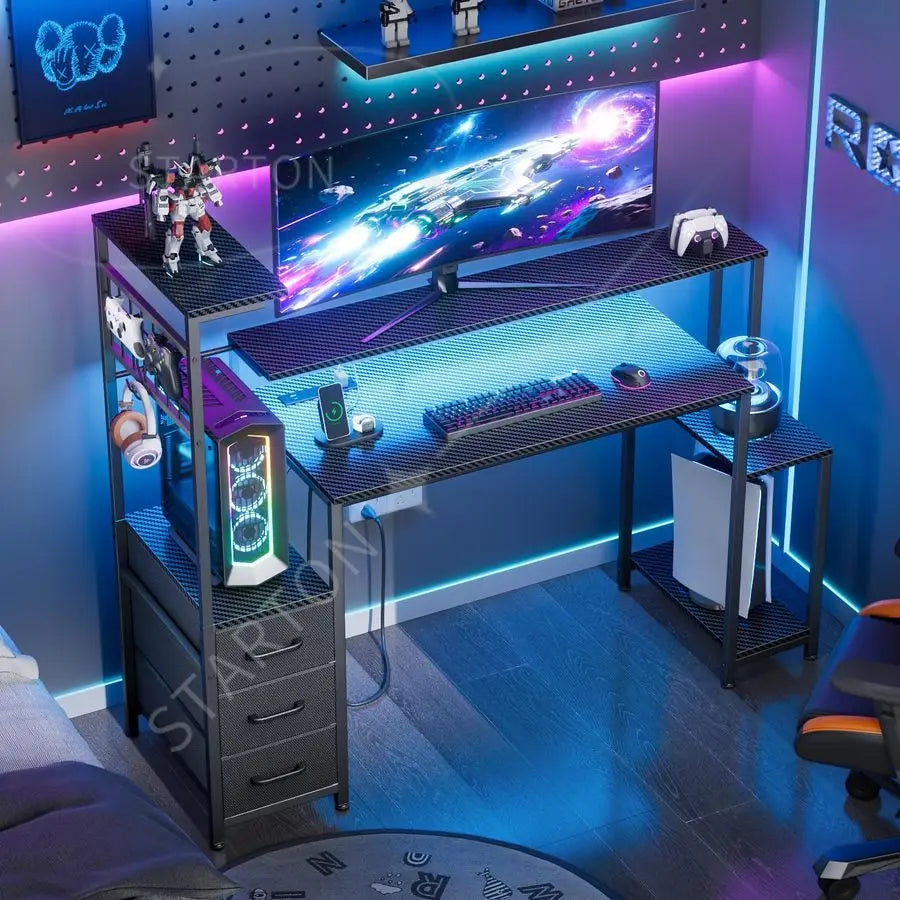 48 Inch Gaming Desk with LED Lights Power Outlets,Computer Desk with Fabric Drawers Side Hook,Reversible Gamer Table