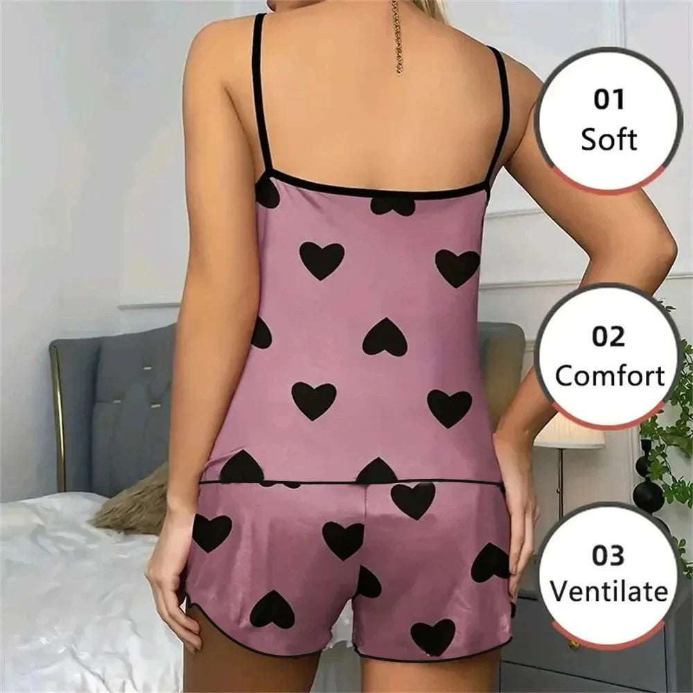 Pyjamasset dam med hjärttryck – överdel och shorts, M–XL