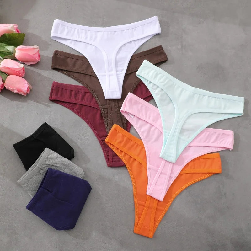 7Pcs/Set Seamless Cotton Panties For Women Sexy Low Waist Cotton Soft Thongs Ladies Solid Color Underpants Breathable G-strings