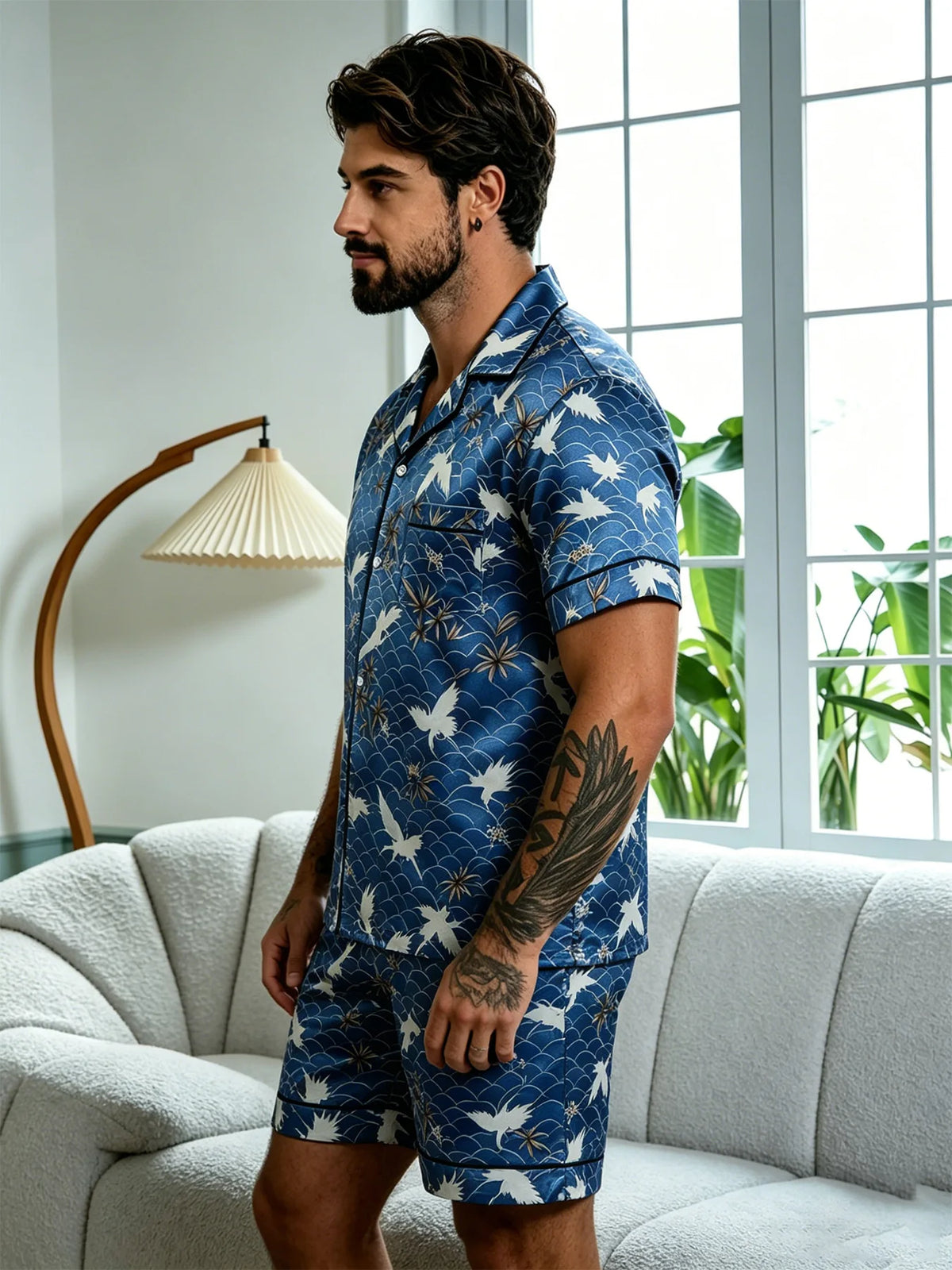 HZOIOYS randigt pyjamasset herr med satinkänsla – kortärmat, S–1XL