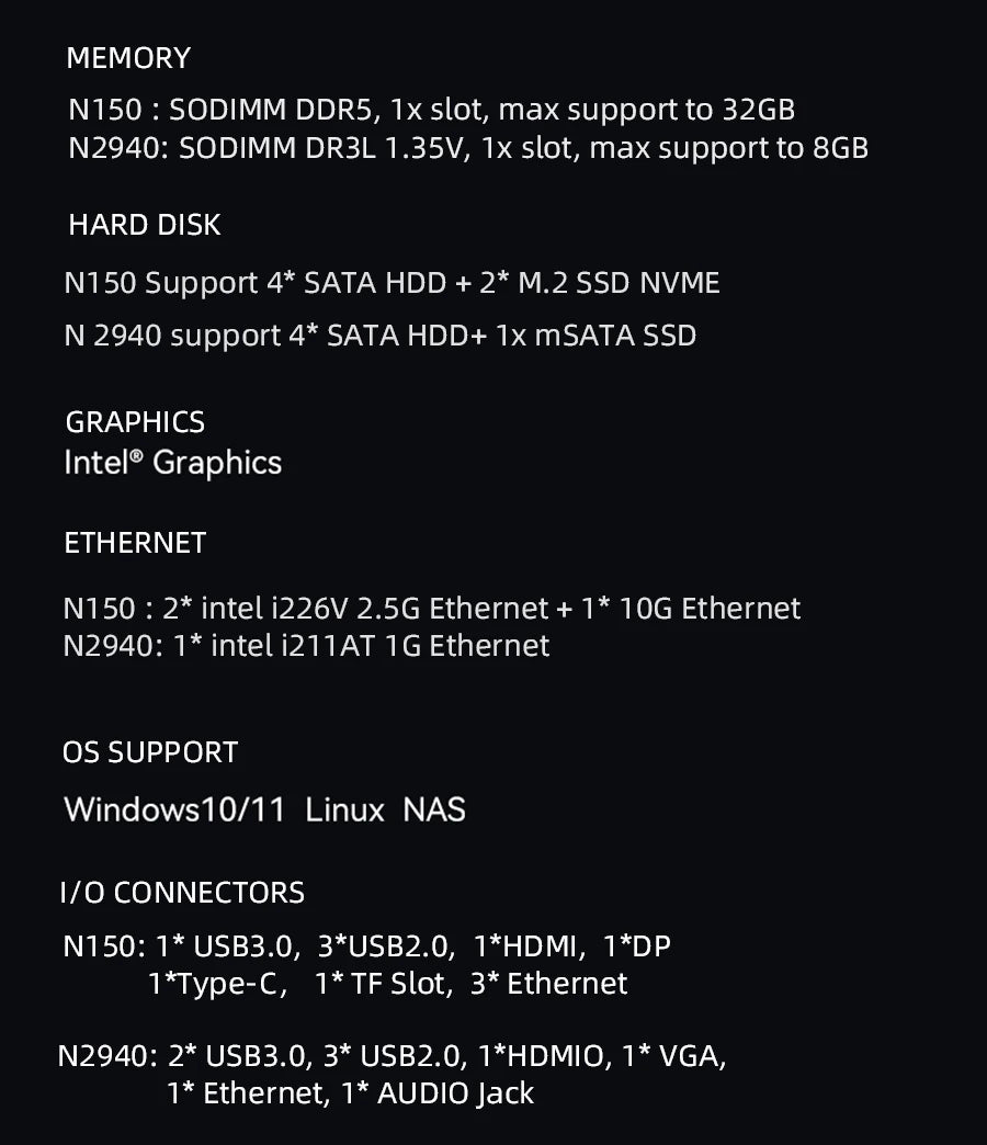 XCY X108 NAS Mini PC 4-fack 2,5"/3,5" SATA – Intel N150 / Celeron N2940, Windows 10/11 Linux NAS, DDR5/DDR3L