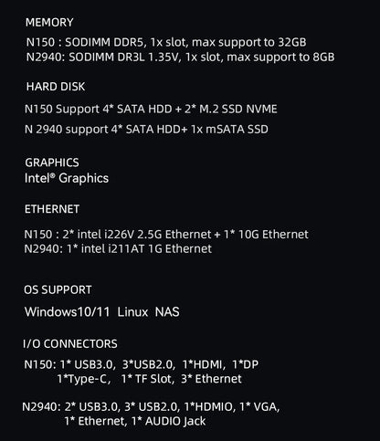 XCY X108 NAS Mini PC 4-fack 2,5"/3,5" SATA – Intel N150 / Celeron N2940, Windows 10/11 Linux NAS, DDR5/DDR3L