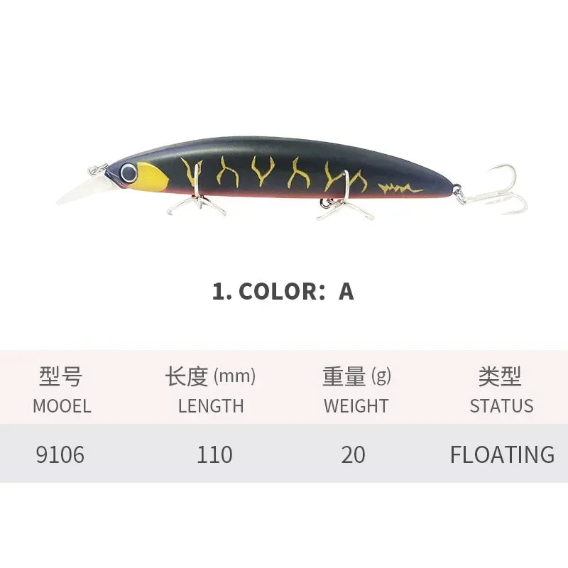Floating Minnow Fishing Lures 110MM 20g Sea Ocean Beach Fishing Artificial Hard Bait Fishing Tackle for Bass Pike Perch Pesca