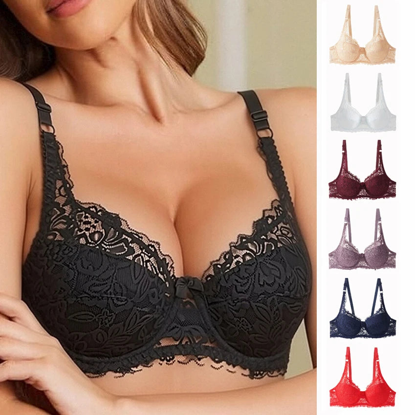 Sexy Push Up Lace Bras Women Thin Cotton Lined Underwire 38-44 C/D Cup Breathable Bralette Hollow Out Floral Underwear Plus Size