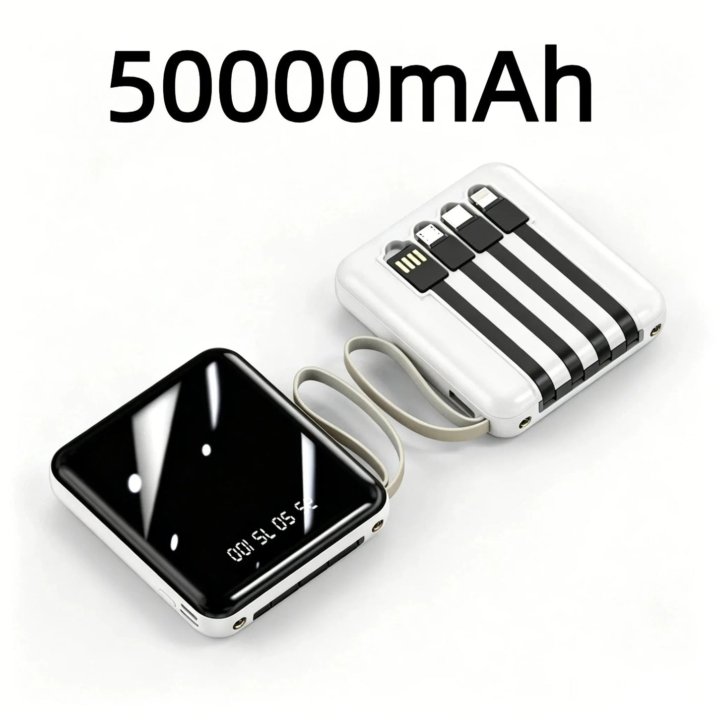 VIVO Mini Powerbank med 4 Inbyggda Kablar – Snabbladdning LED-display Dual USB Svart Vit Röd 50000/100000/200000mAh