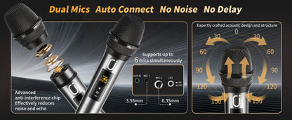 69-black Karaoke Machine with 2 UHF Wireless Microphones, Bluetooth Speaker with Bass/Treble Adjustment and LED Light, PA System