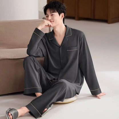 Casual Spring and Autumn Pajamas for Men, New Versatile Cardigan Long-Sleeved Long Pants Set, Simple and Stylish, Plus-Size Loungewear
