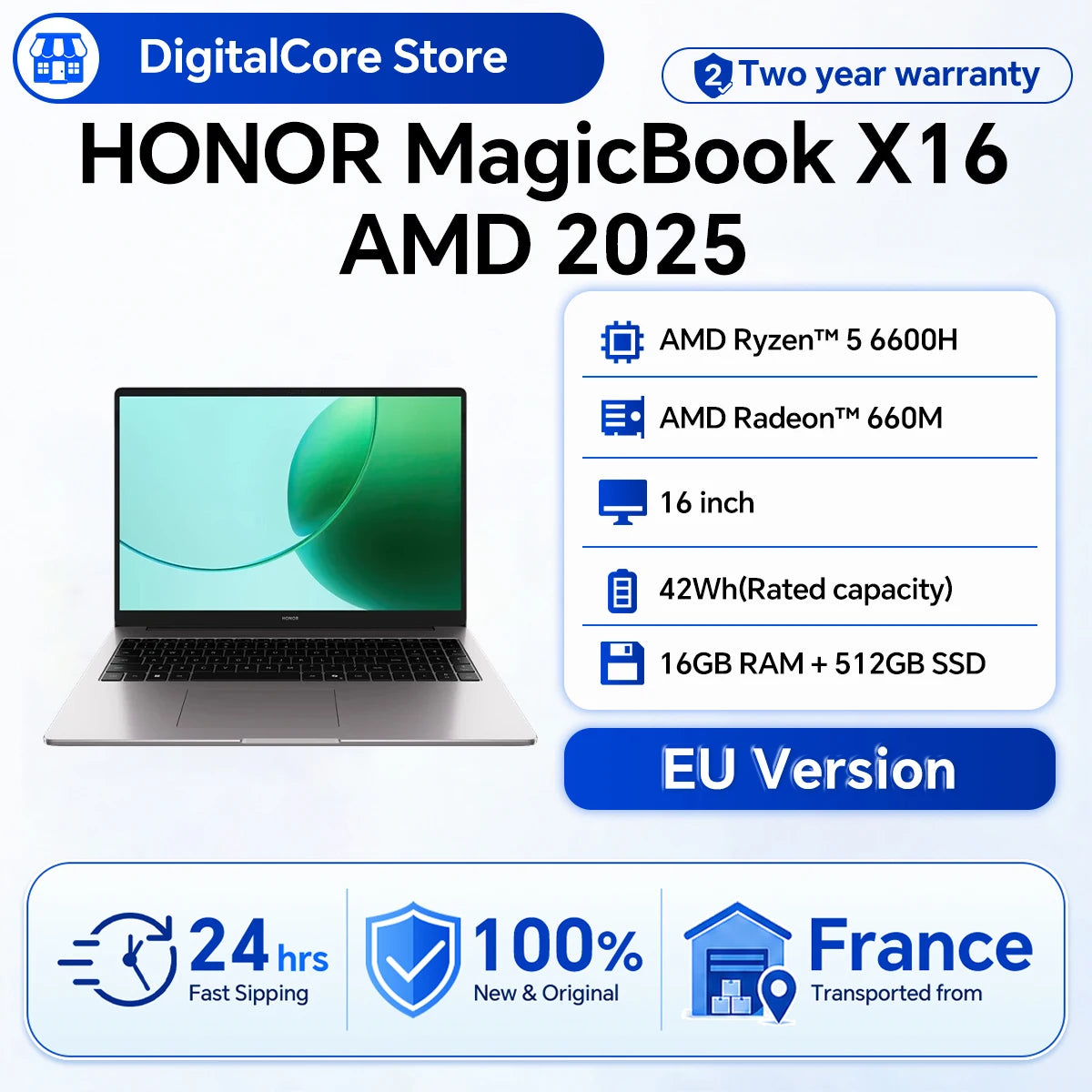 HONOR MagicBook X16 AMD 2025 Laptop 16 Inch  AMD Ryzen 5 6600H Processor AMD Radeon 660M Graphics, 40W Boosted‑Performance Mode, Slim Laptop for Work, Study & Light‑Entertainment