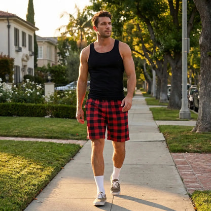 Herr Hemshorts Rutiga – Mjuka Lätta Casual Sovshorts, Grå & Röd M–1XL