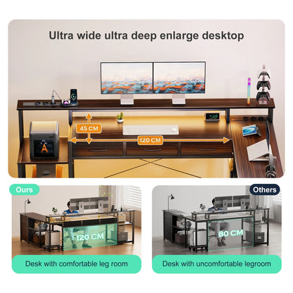 Reversible L-Shaped Gaming Desk 148cm Ultra-Wide Rgb Led App 2*Socket USB 7 Drawers Brown Grey Monitor Stand
