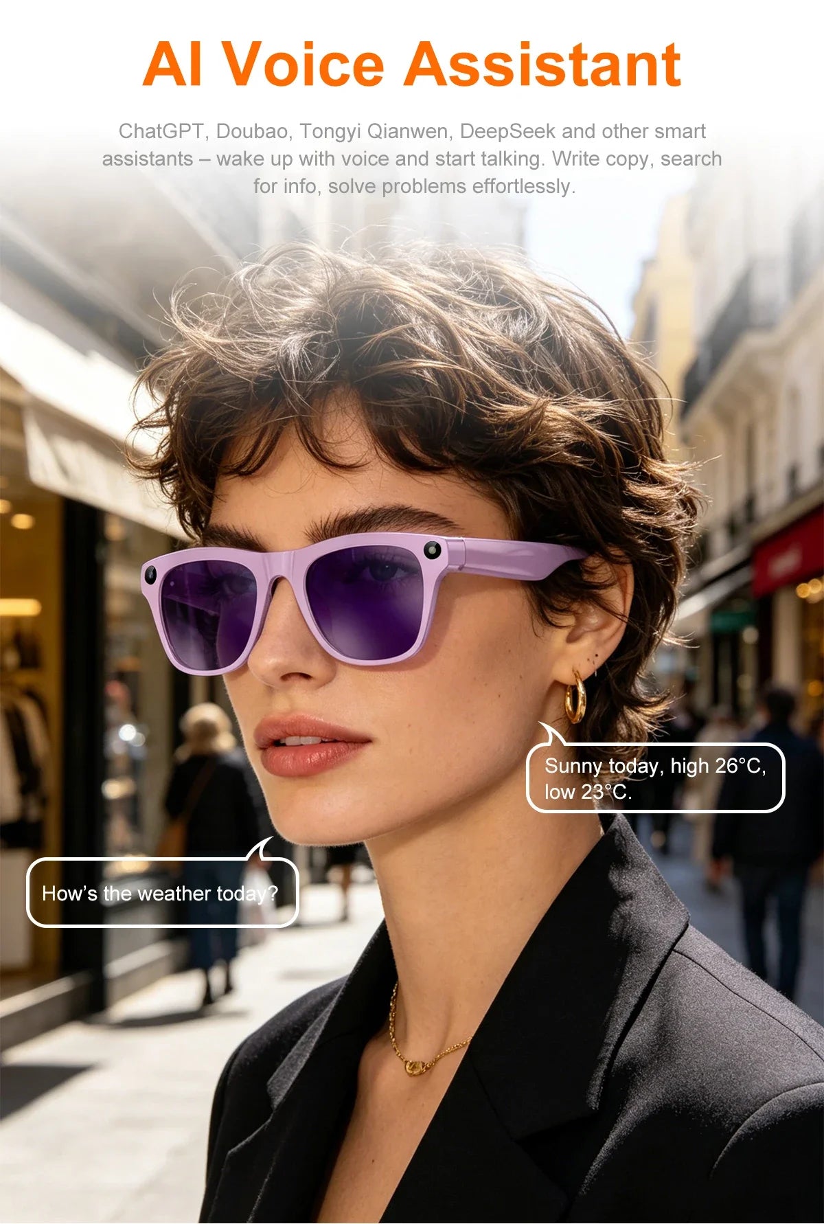 Lenovo AI Translation Smart Glasses 2400W HD Camera Shoot Photo Video Bluetooth Call Voice Assistant Upgrade Motorcycle Sunglass