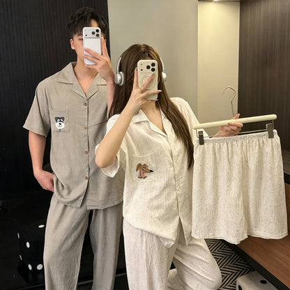 High Quality Khaki with Embroidered Dogs Couples Homewear Women's Pajamas Set Cute Casual Short-Sleeve 3 Piece Men Pajamas Set