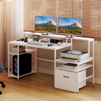 Computer Desk With Charging Station & Raised Monitor Stand, Multi-tiered Desk, 166 X 60 X 88 Cm, White