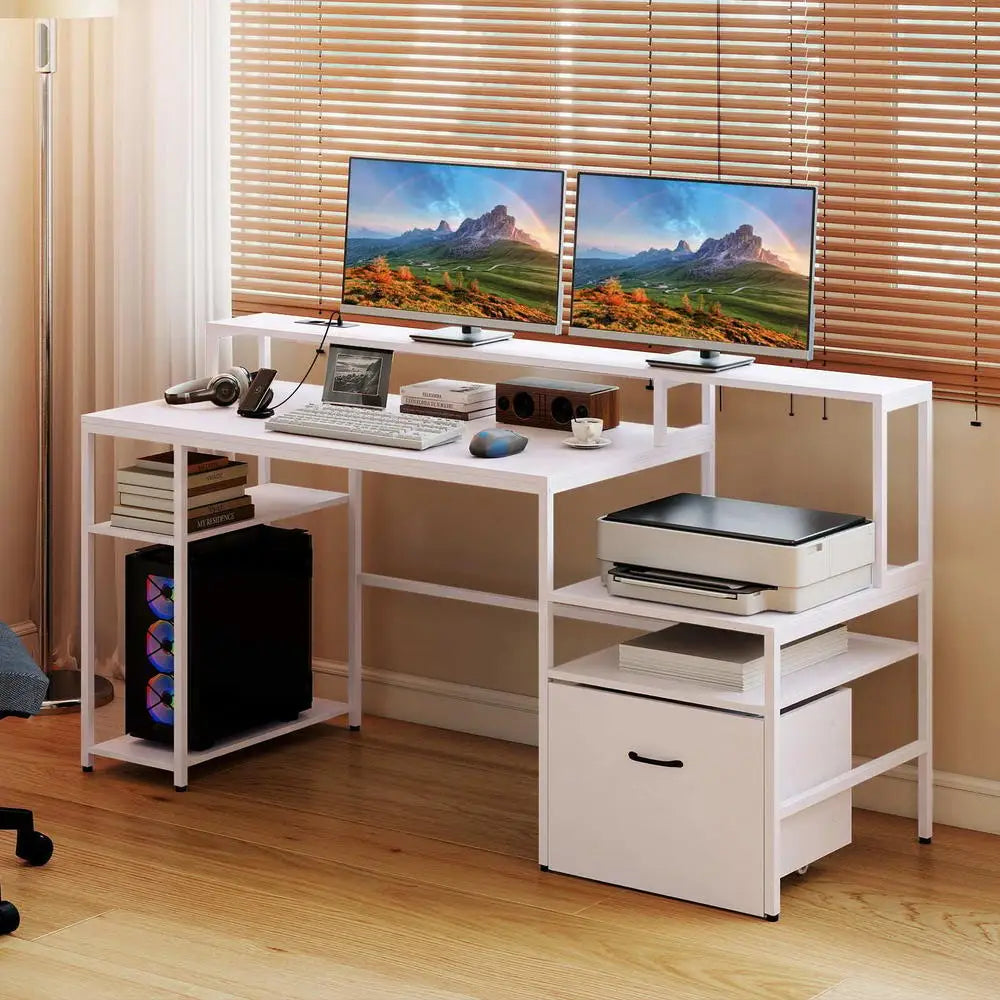 Computer Desk With Charging Station & Raised Monitor Stand, Multi-tiered Desk, 166 X 60 X 88 Cm, White
