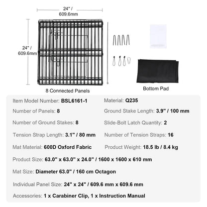Dog Playpen, 8 Panels Foldable Metal Dog Exercise Pen with Bottom Pad, 61 cm H Pet Fence Puppy Crate Kennel with Ground Stakes, Indoor Outdoor Dog Pen for Small Medium Pets, for Camping, Yard