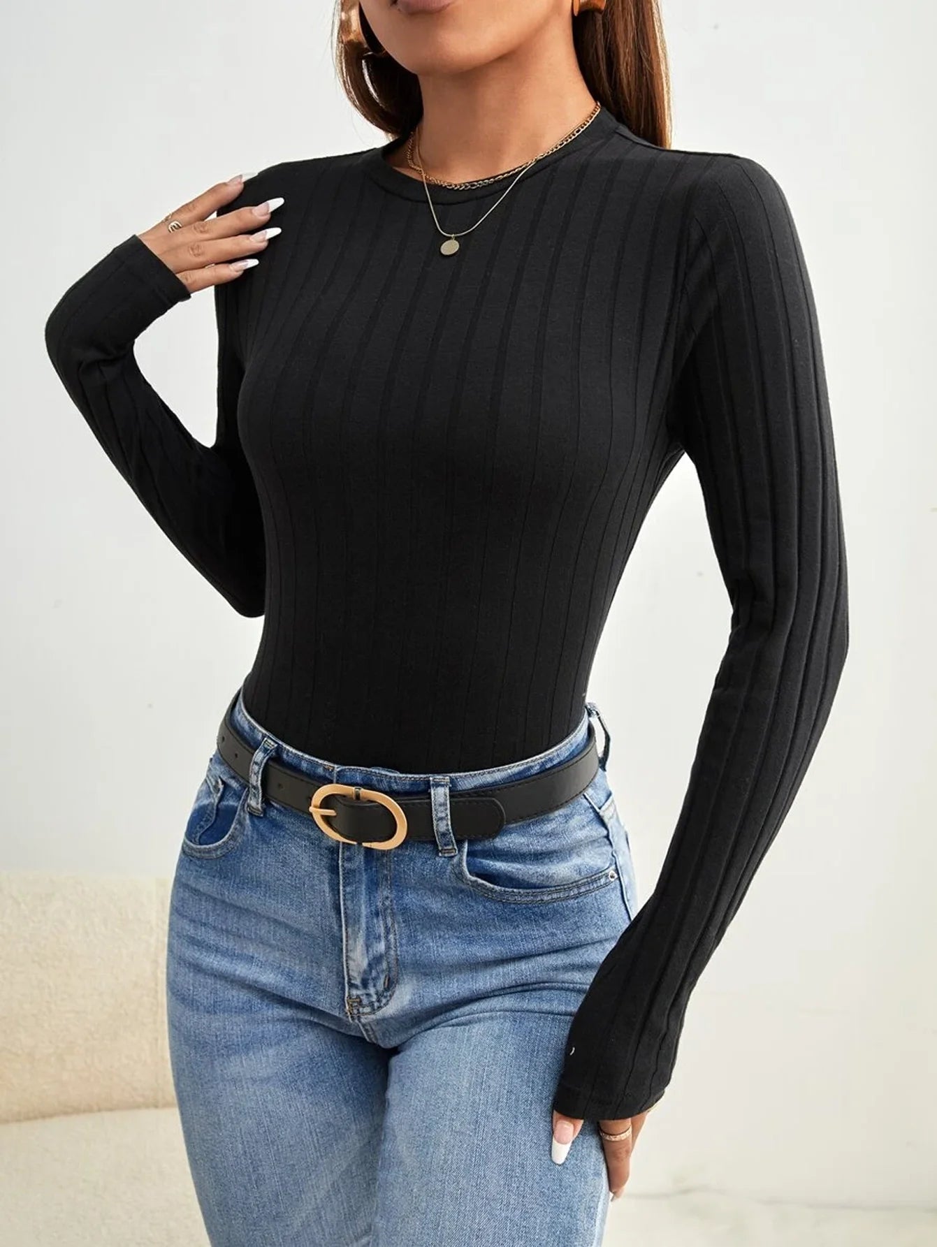 Solid Color Casual Long-sleeve Ribbed Bodysuit, Comfortable High-stretch Large Ribbed Top
