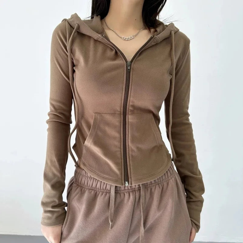 Women's Slim Fit Hooded Zip Up Sports Sweatshirt | Autumn Cropped Casual Jacket Long Sleeve Athletic Outerwear K Pop Clothes