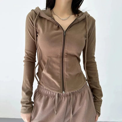 Women's Slim Fit Hooded Zip Up Sports Sweatshirt | Autumn Cropped Casual Jacket Long Sleeve Athletic Outerwear K Pop Clothes