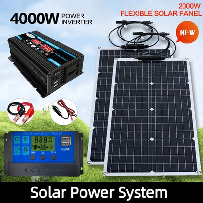 Solsystem-kit – 12V till 110V/220V, Inverter + 100A Regulator + Solpaneler, Hem/Stuga/Husbil/Camping, Svart/Gul