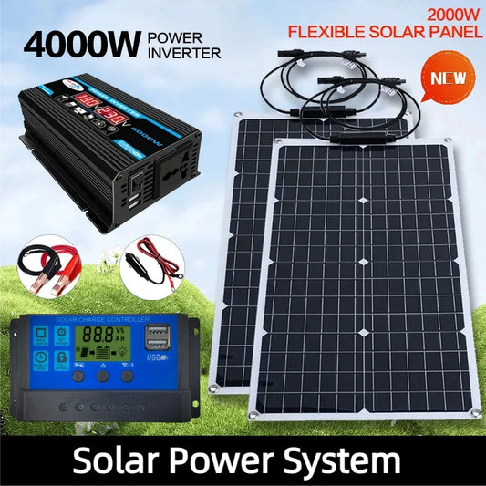 Solsystem-kit – 12V till 110V/220V, Inverter + 100A Regulator + Solpaneler, Hem/Stuga/Husbil/Camping, Svart/Gul