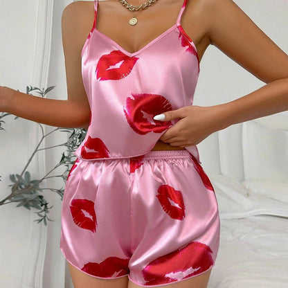 Dam Satin Pyjamas 2-delad – Hjärtprint V-ringning Cami & Shorts Sommar, 9 Färger S–XL