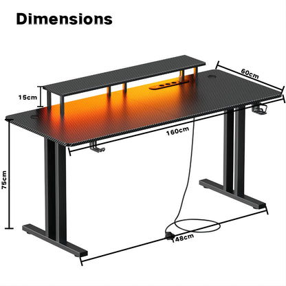120/140/160CM Gaming Desk with LED Lights & Power Outlet, Ergonomic Carbon Fiber Computer Gamer Desk with Dual Monitor Stand,  Cup Holder & Headphone Hook, Home Office Gaming Table