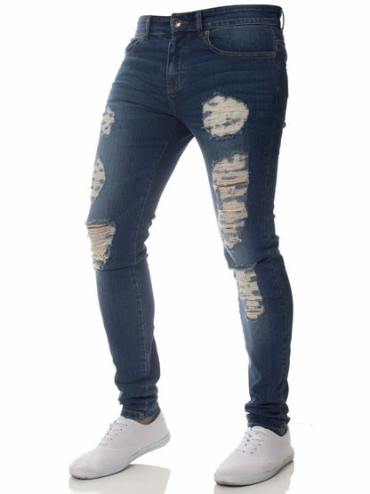 new White Embroidery Jeans Men Cotton Stretchy Ripped Skinny Jeans High Quality Hip Hop Black Hole Slim Fit Oversize Denim Pants