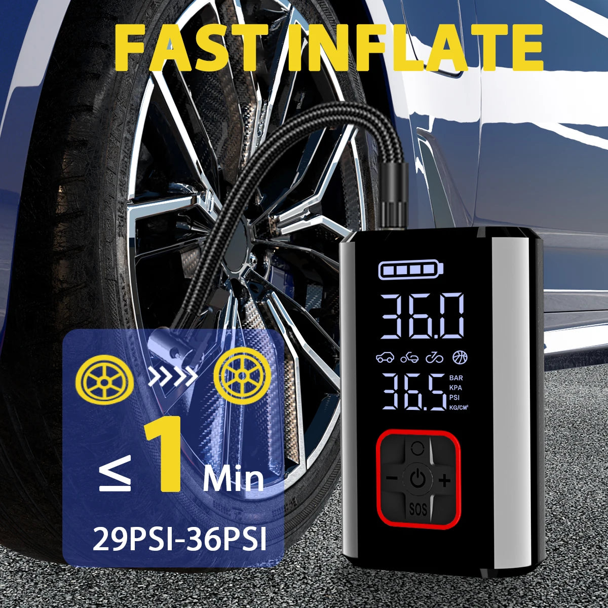 Trådlös Luftpump 150PSI – Portabel Däckpump för Bil, Cykel & Motorcykel, USB-utgång, Nödström
