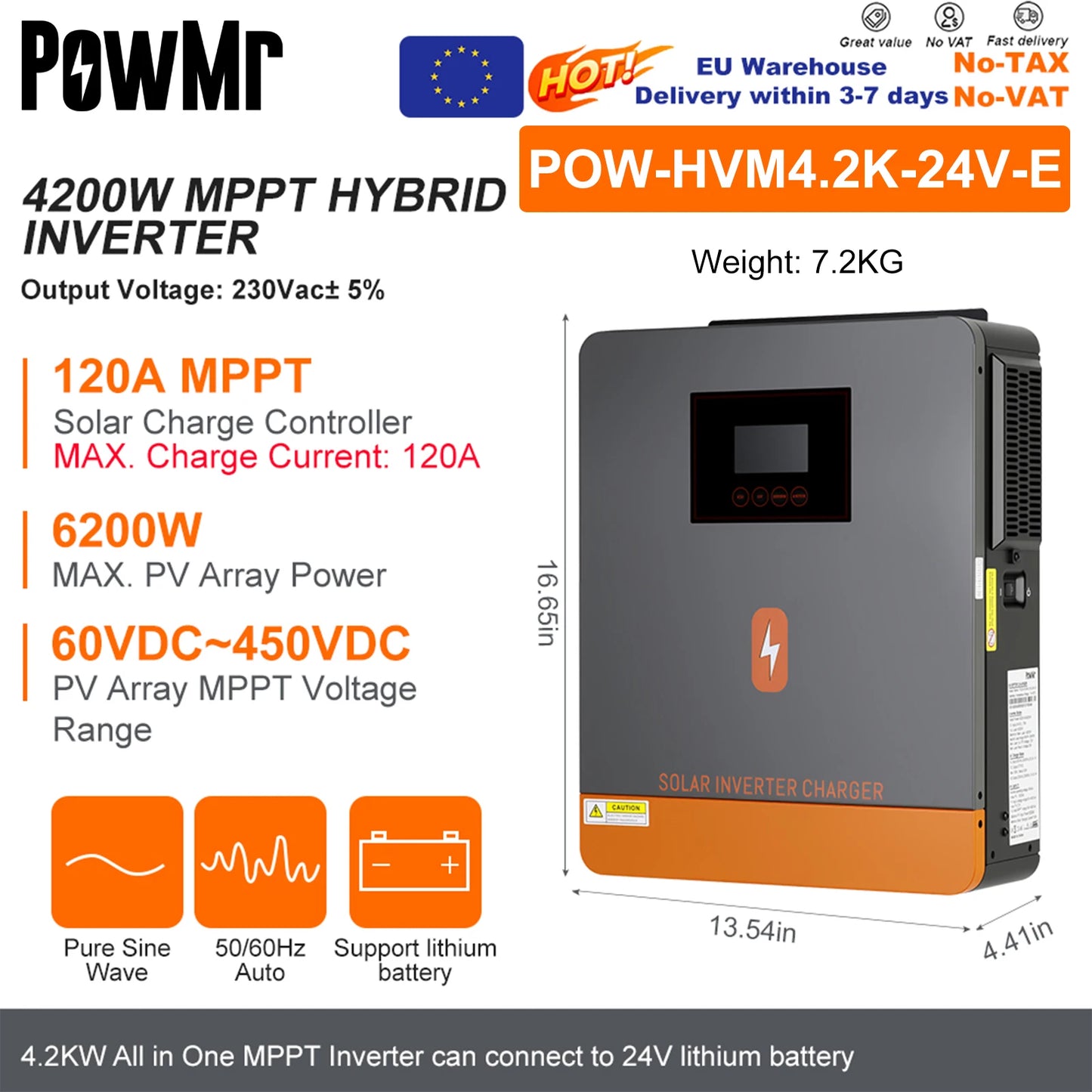 PowMr Hybrid Solväxelriktare 2kW–11kW – Ren Sinusvåg MPPT 120A 12V/24V/48V 220V LiFePO4/Litium/Blåsyra WiFi EU-lager CE